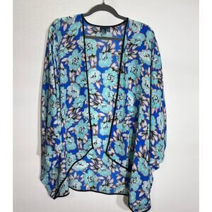 Kaari Blue Women 0X/1X Floral Kimono Cardigan Open Front Blue Teal Sheer Layer